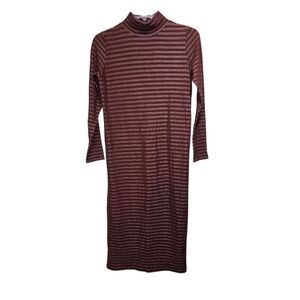 SLY Tokyo Japan Women's Maroon Striped Midi Knit Dress Long Sleeve Free Size.
